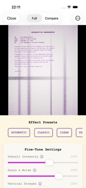 Rexograph iOS app fine-tune settings screen